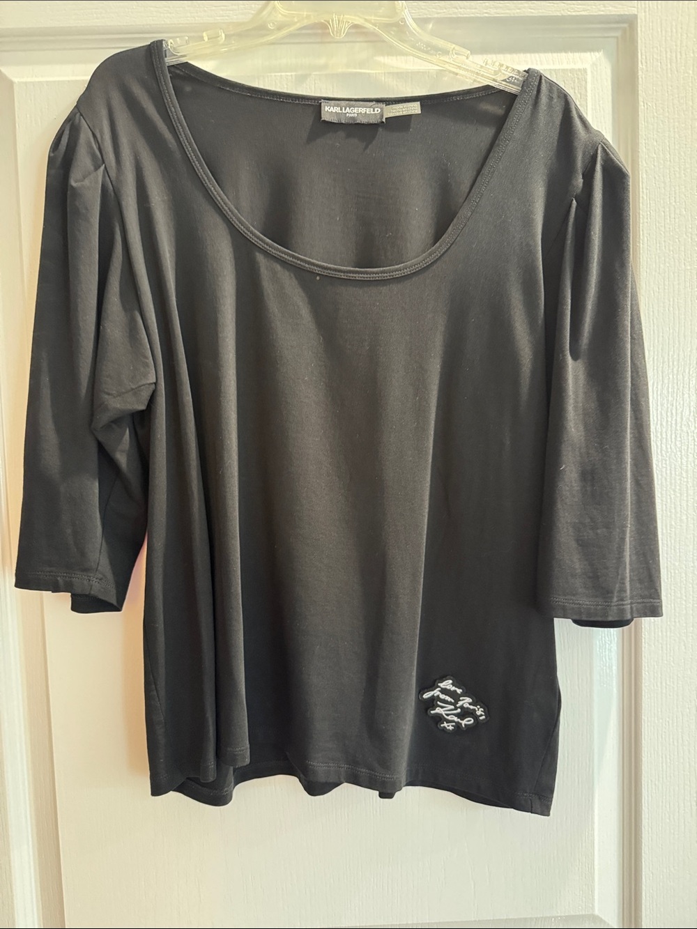 Karl Lagerfeld Black Scoop Neck Long Sleeve Top with Embroidered Logo